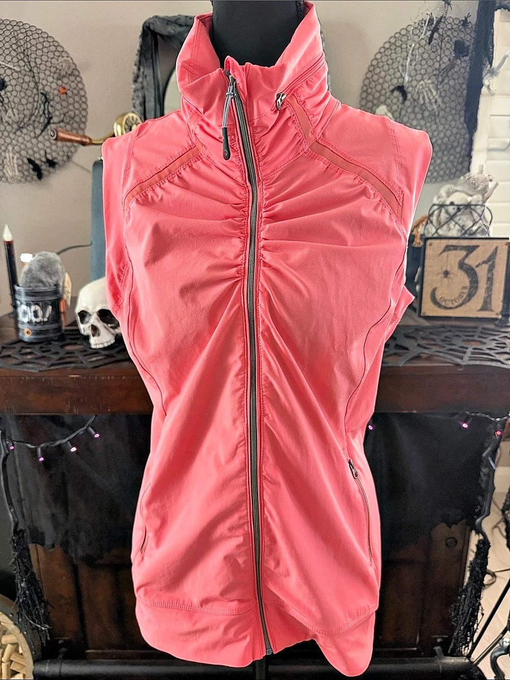 Tangerine Active Ruched Front Full-Zip Vest with Stowable Hood